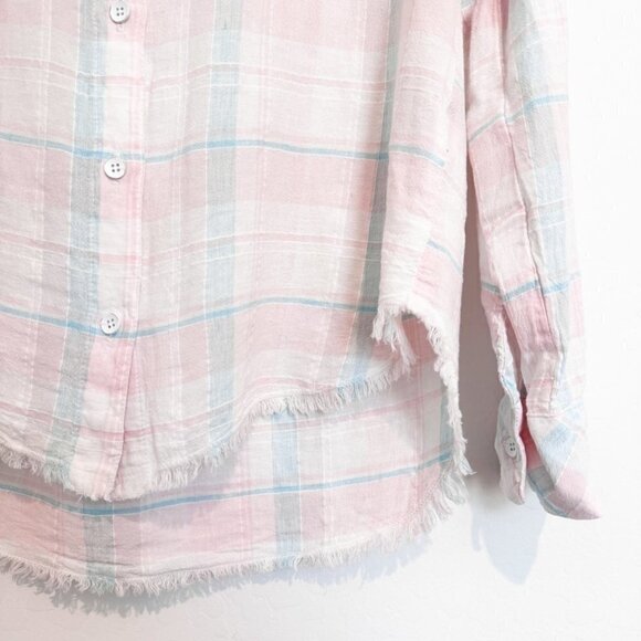 Bella Dahl Linen Blend Two Pocket Fray Hem Button Front Shirt Pink Blue Size XS - Picture 3 of 7